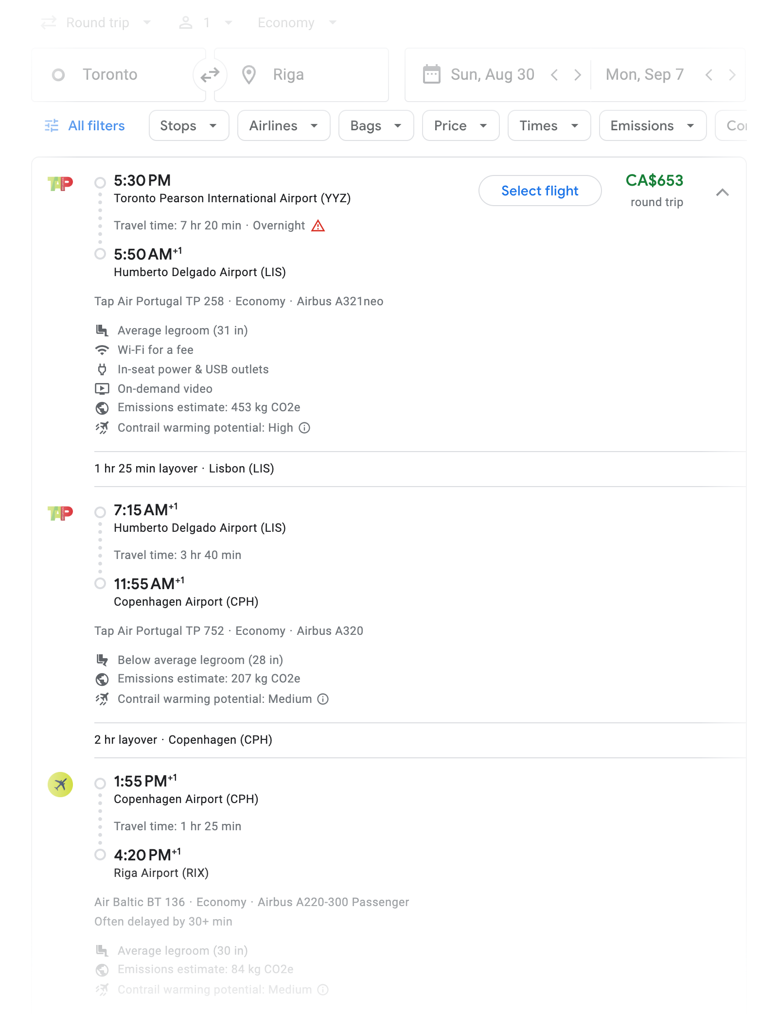 Flight options for Riga