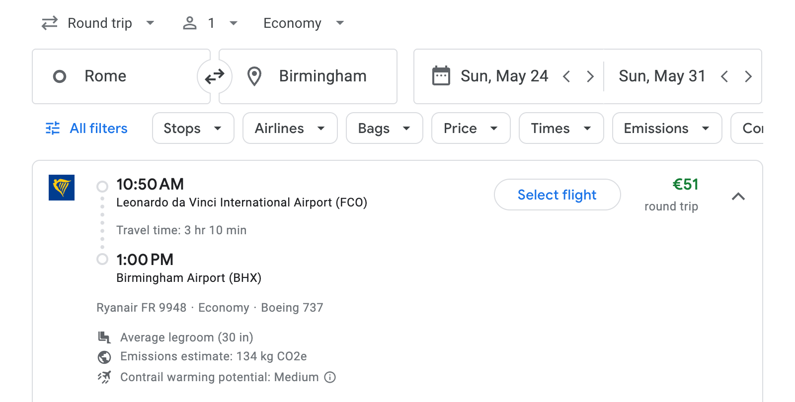 Flight options for Birmingham