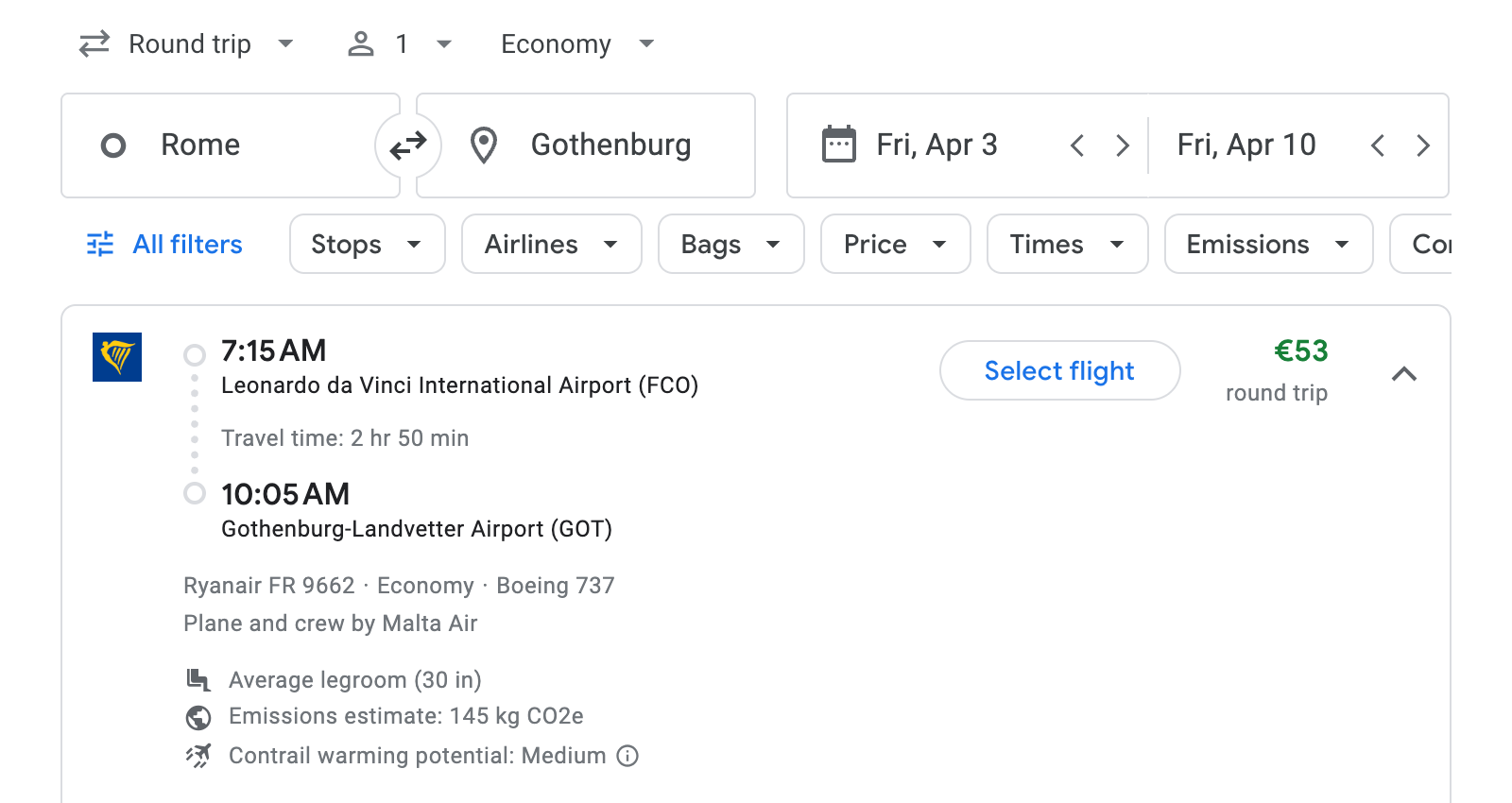 Flight options for Gothenburg