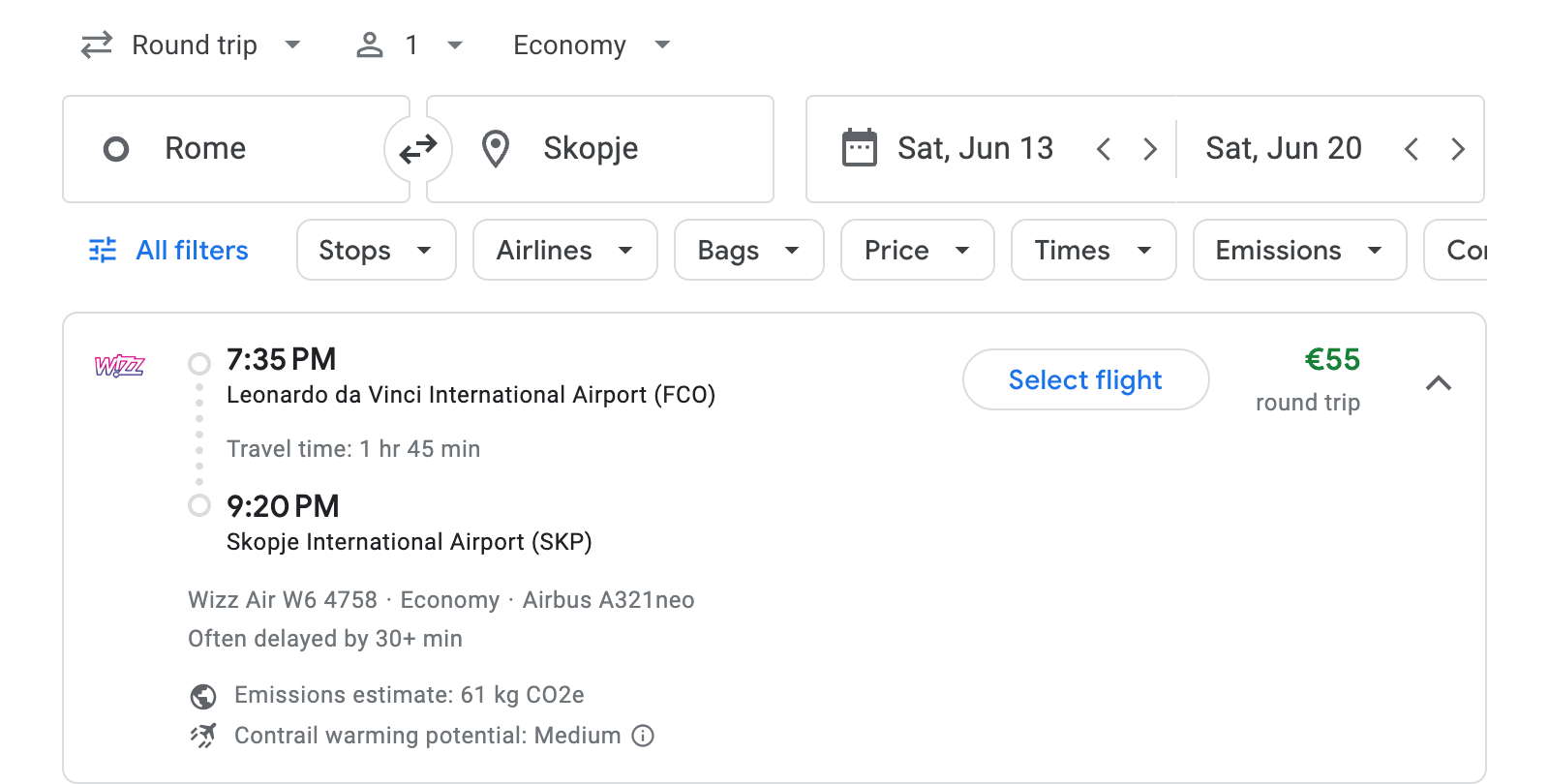 Flight options for Skopje