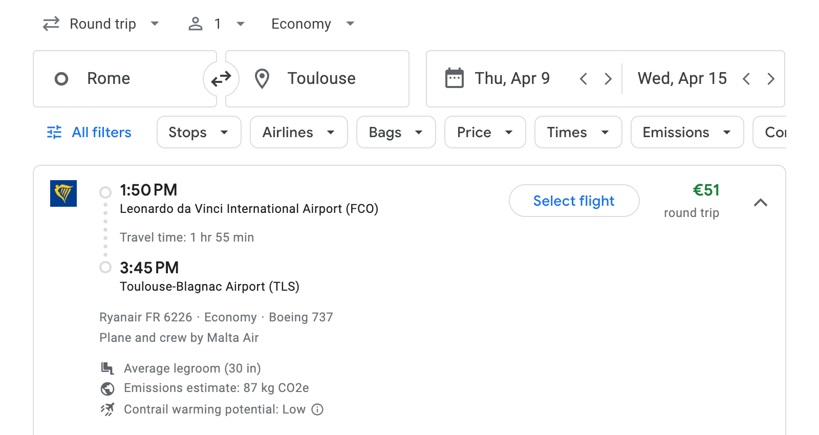 Flight options for Toulouse