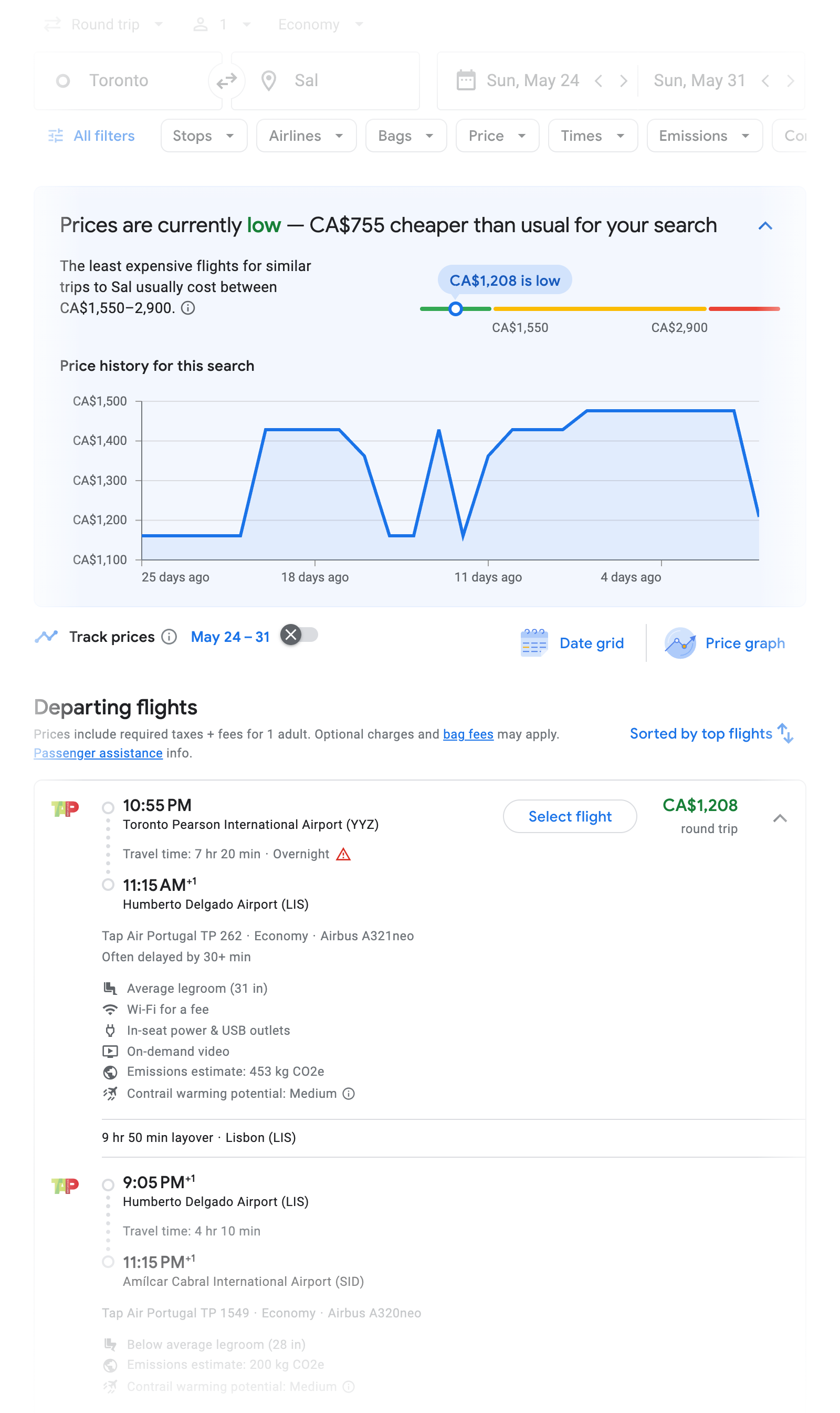 Flight options for Sal