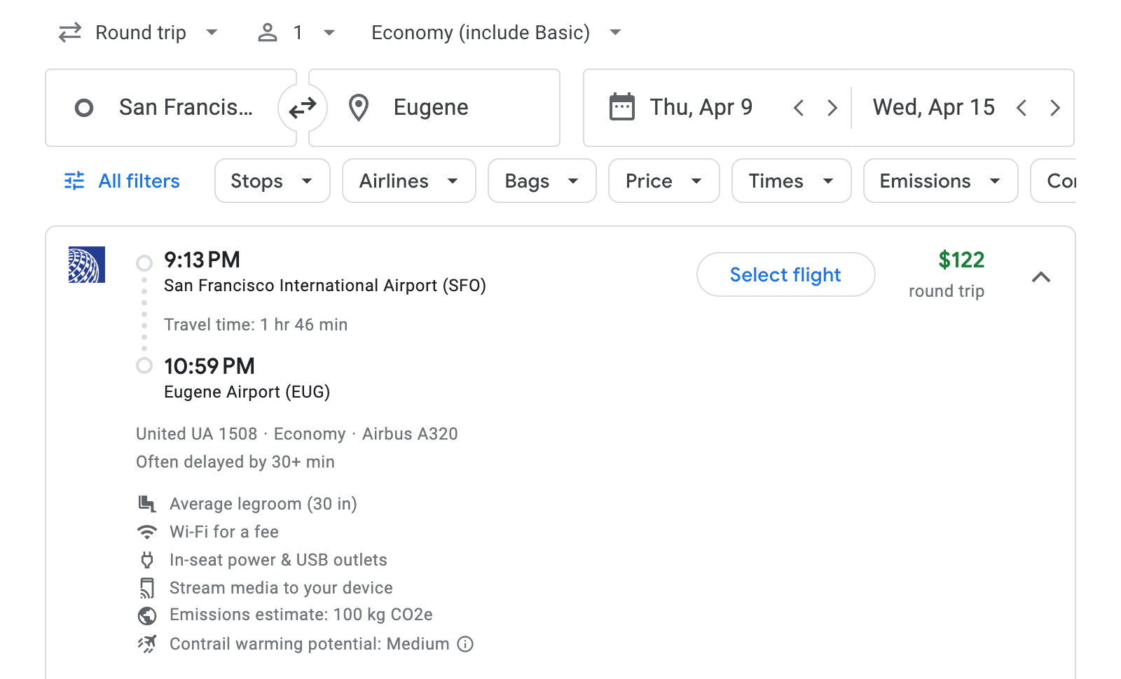 Flight options for Eugene