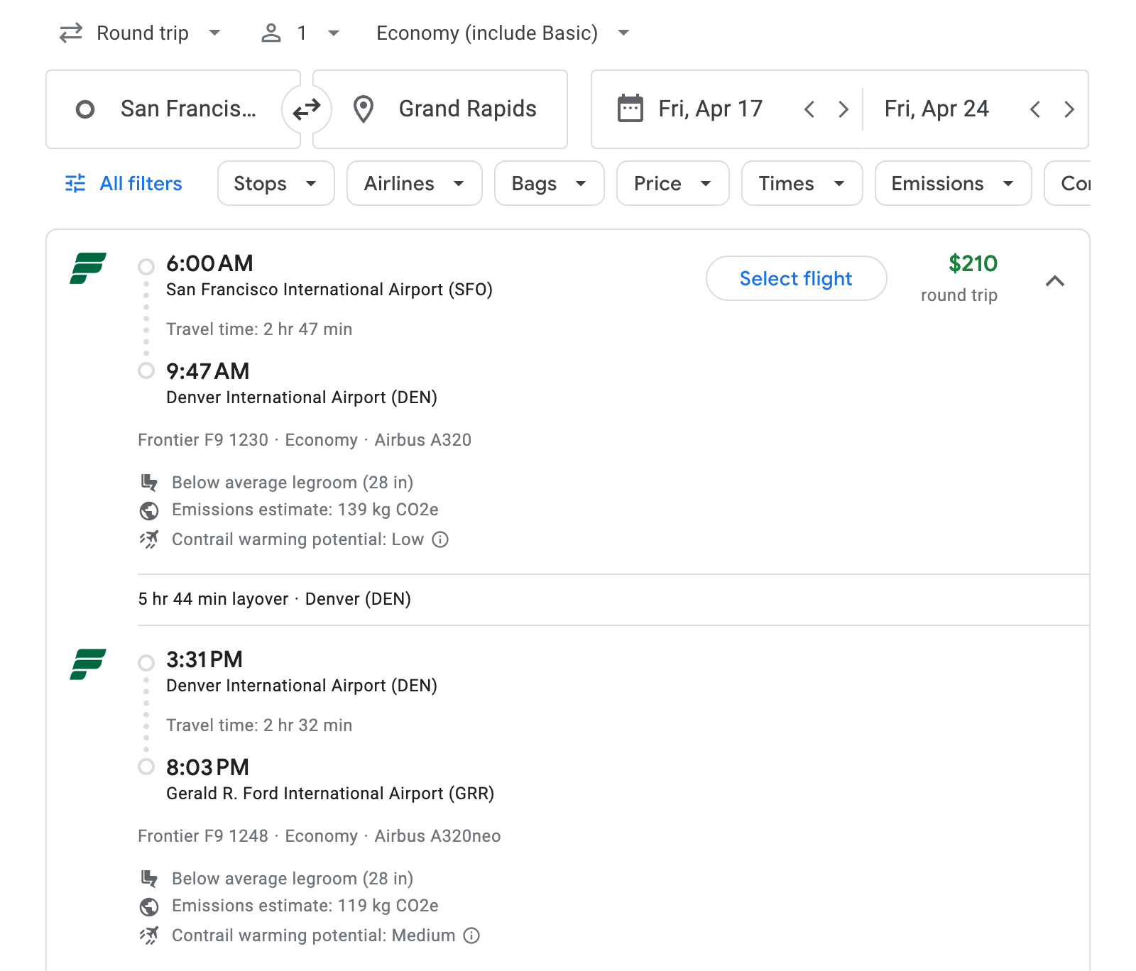 Flight options for Grand Rapids