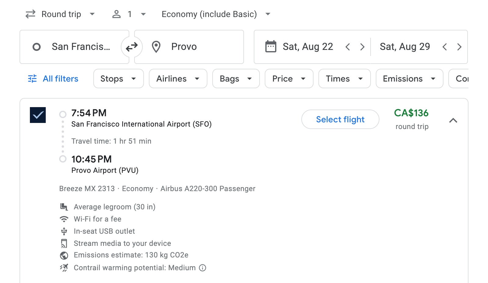 Flight options for Provo