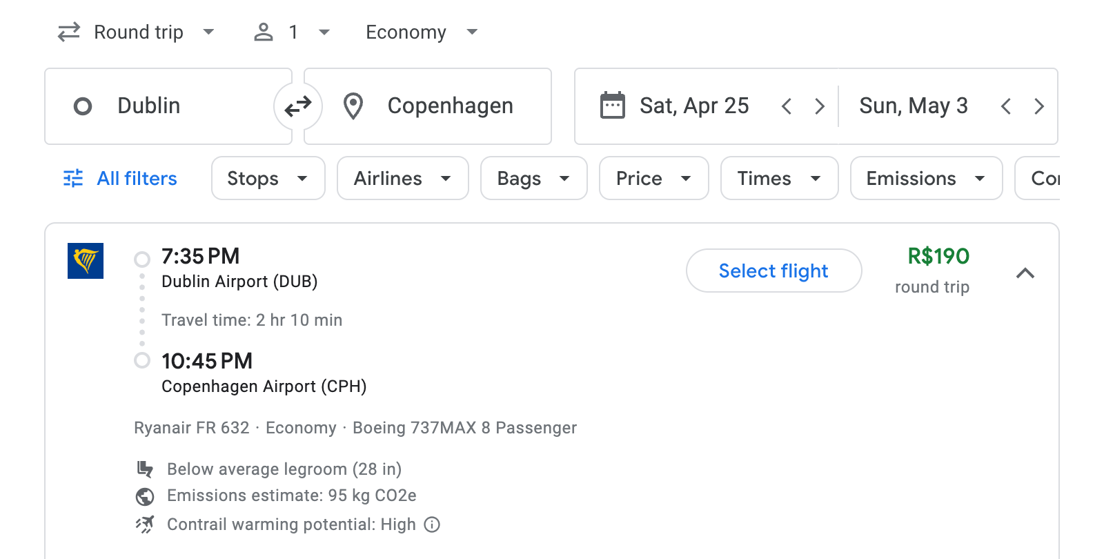 Flight options for Copenhagen