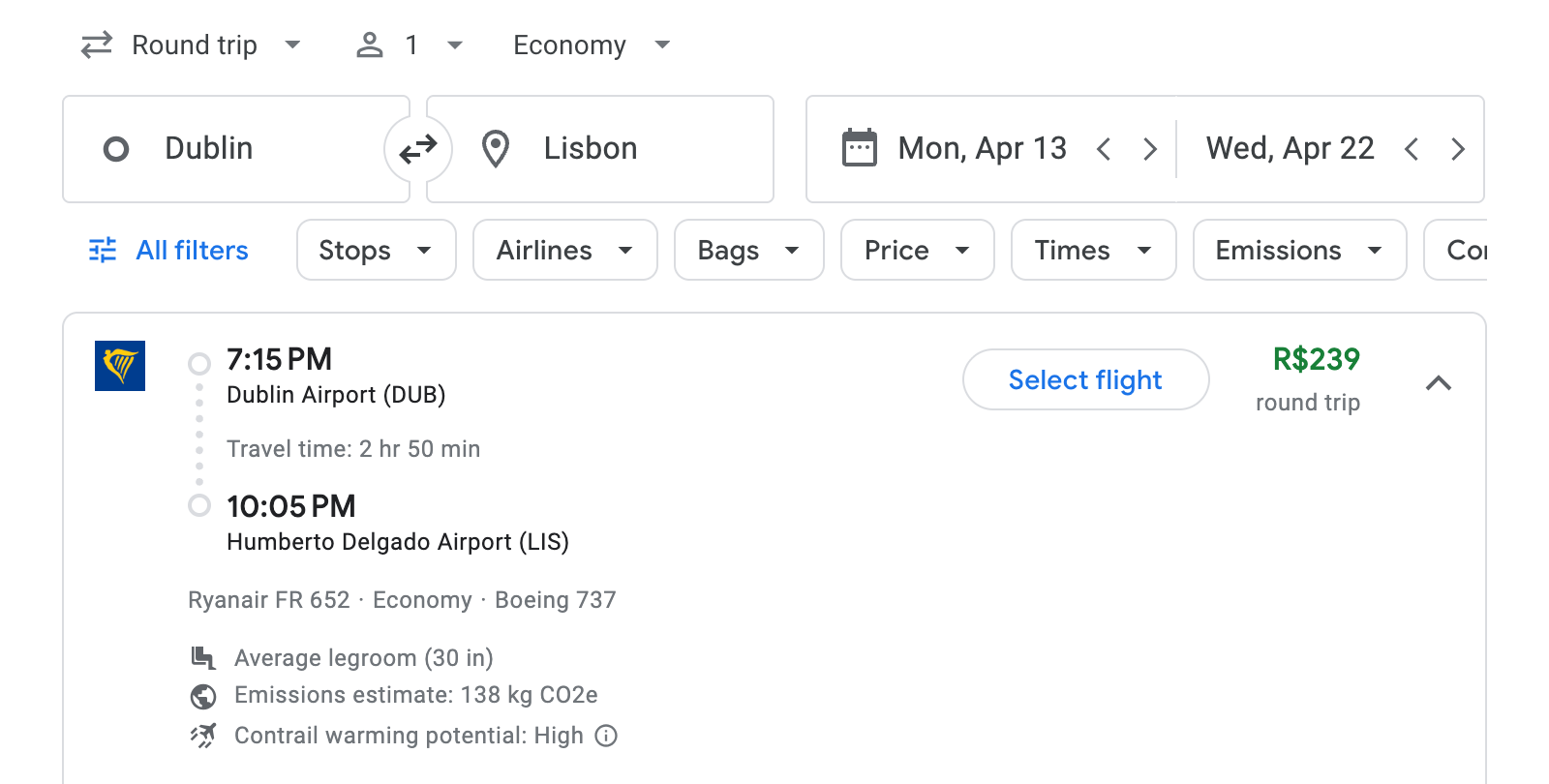 Flight options for Lisbon