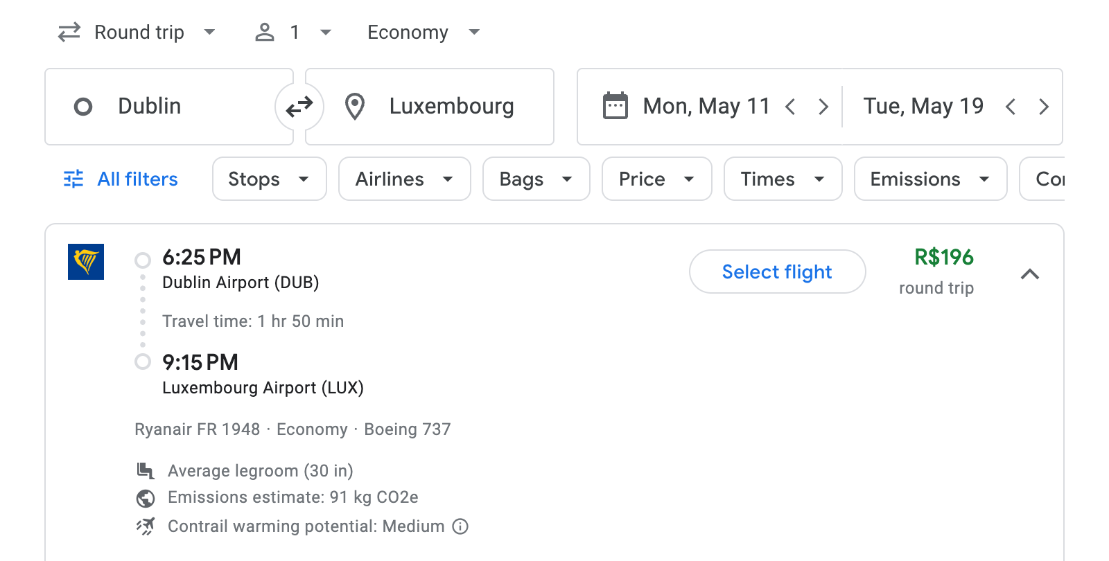 Flight options for Luxembourg