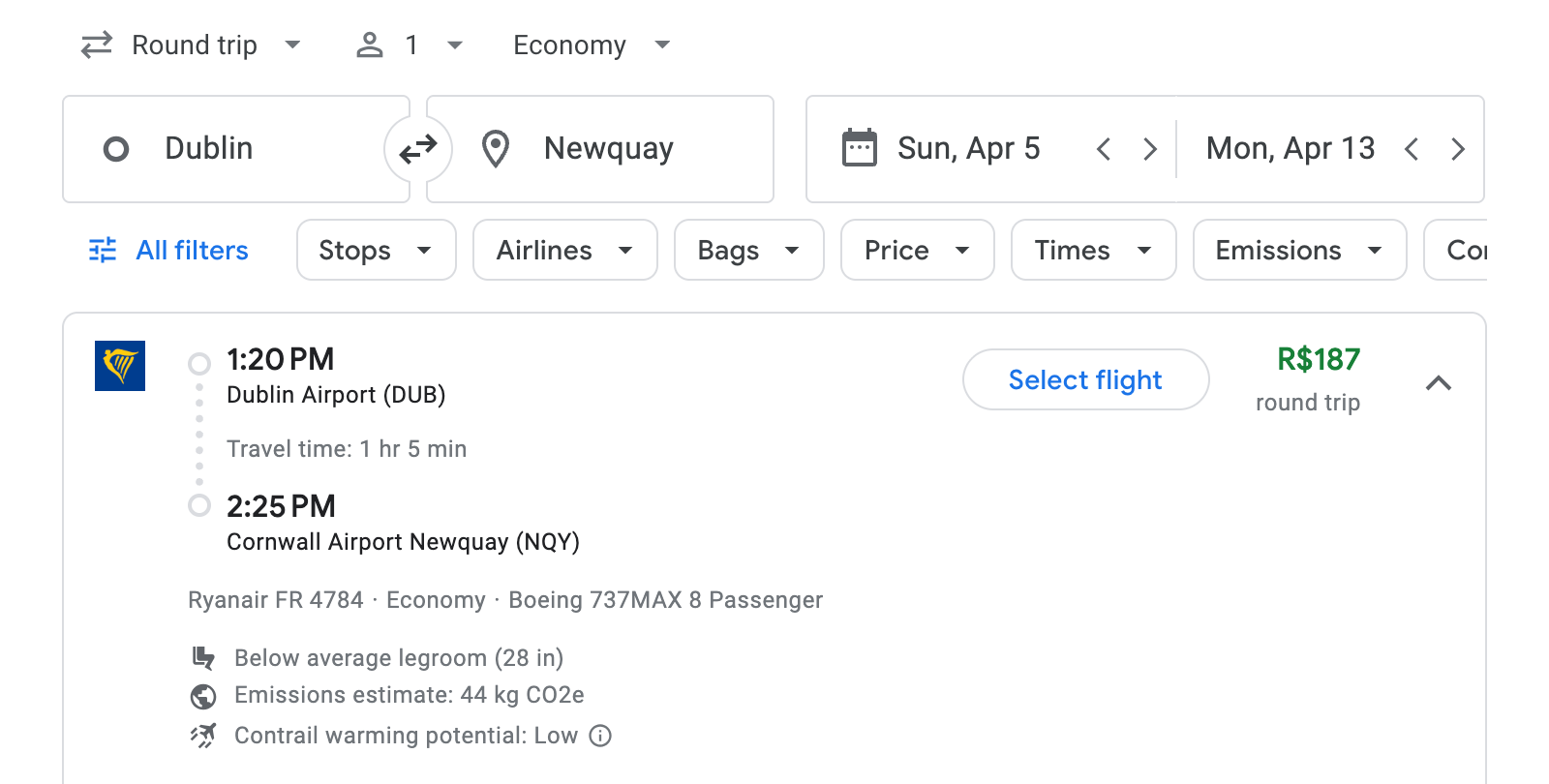 Flight options for Newquay