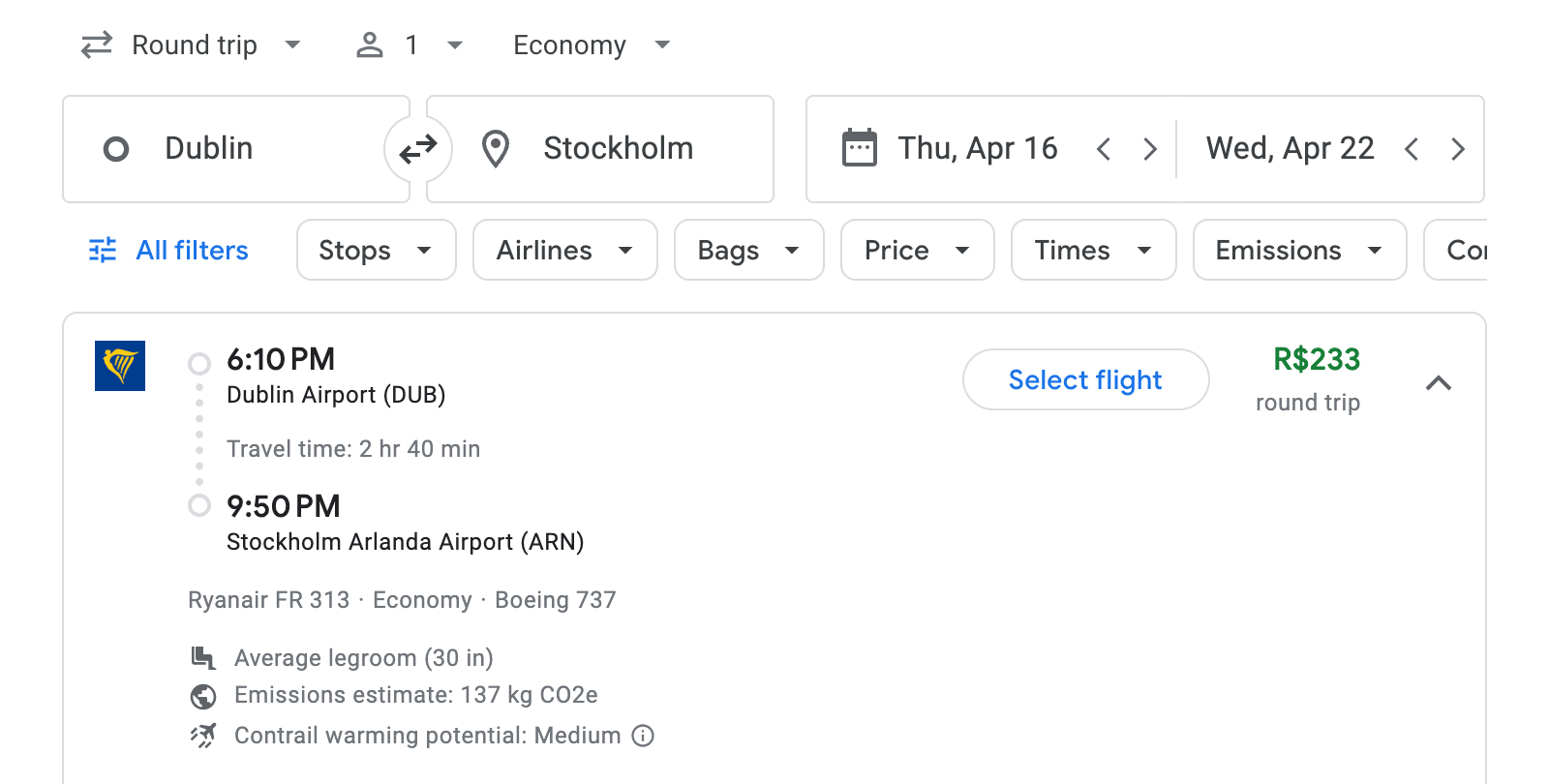Flight options for Stockholm