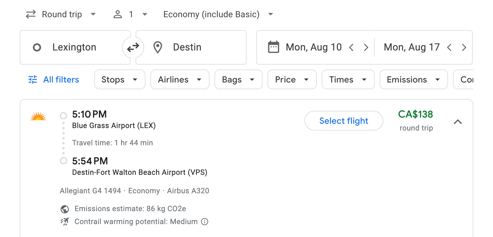 Flight options for Destin