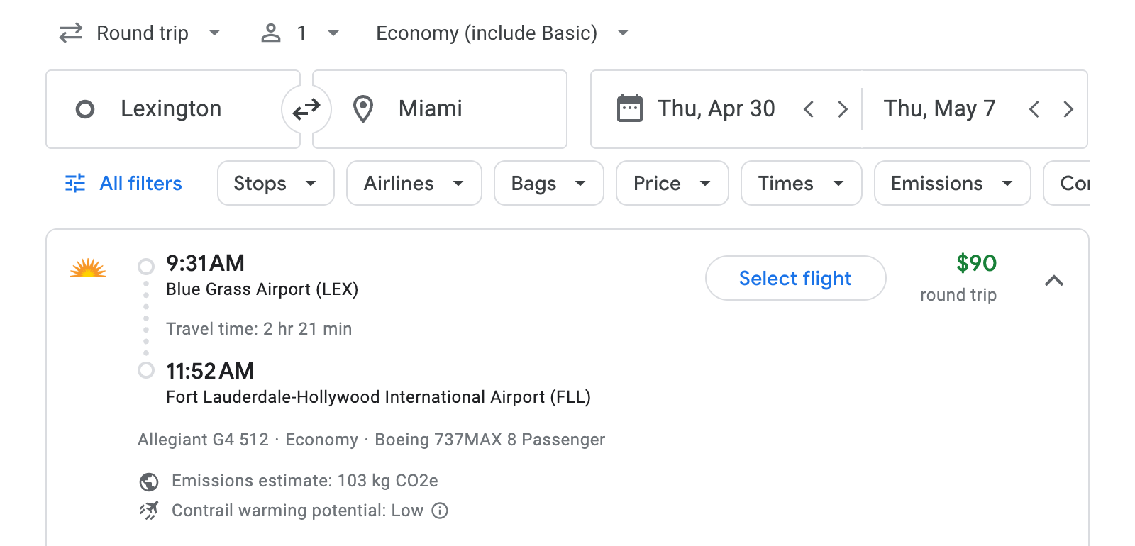 Flight options for Miami