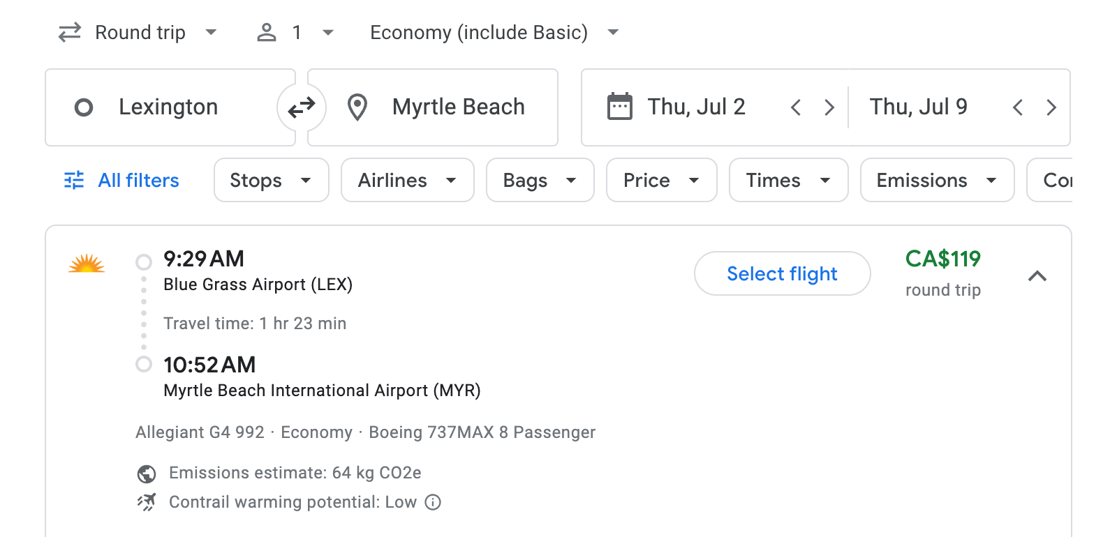 Flight options for Myrtle Beach