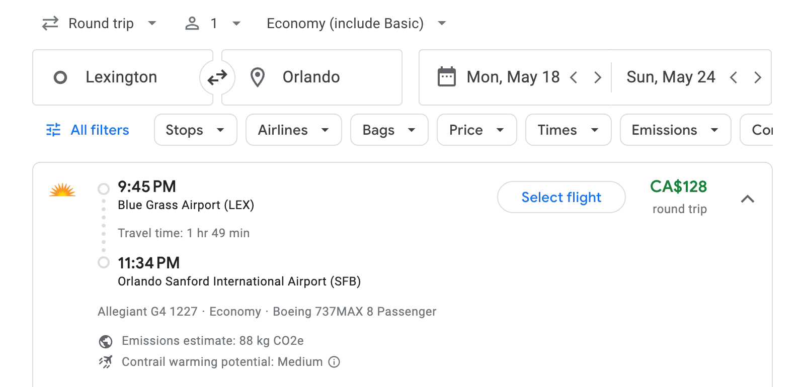 Flight options for Orlando