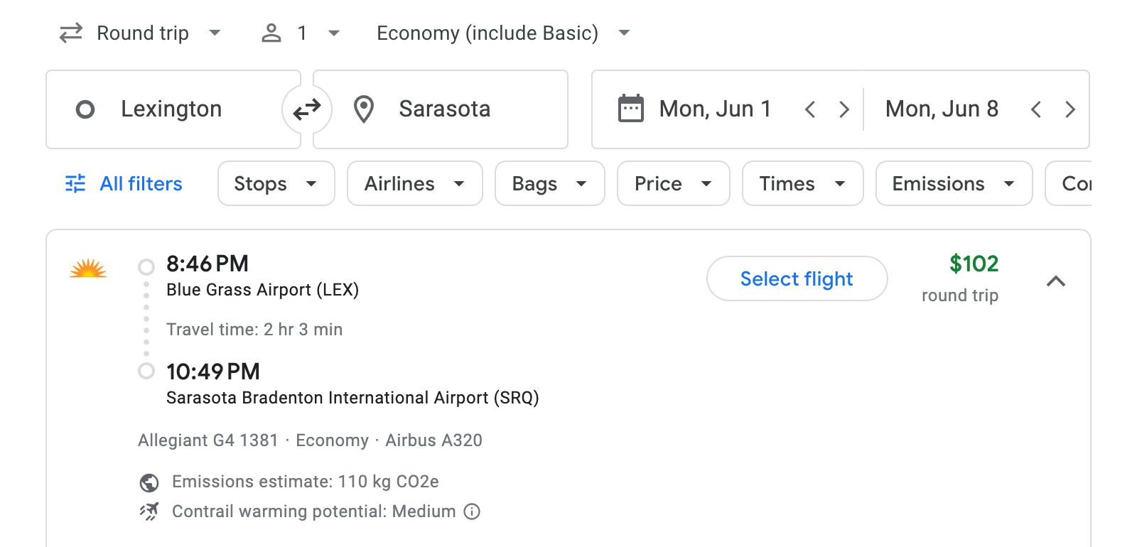 Flight options for Sarasota