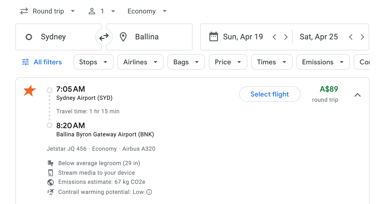 Flight options for Ballina