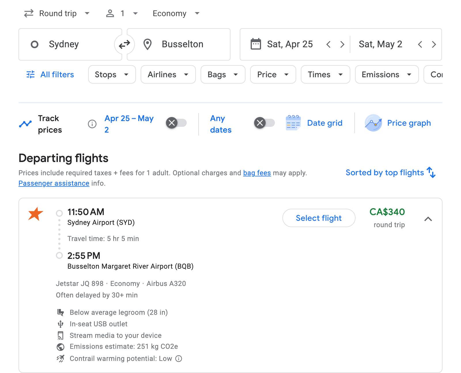 Flight options for Busselton