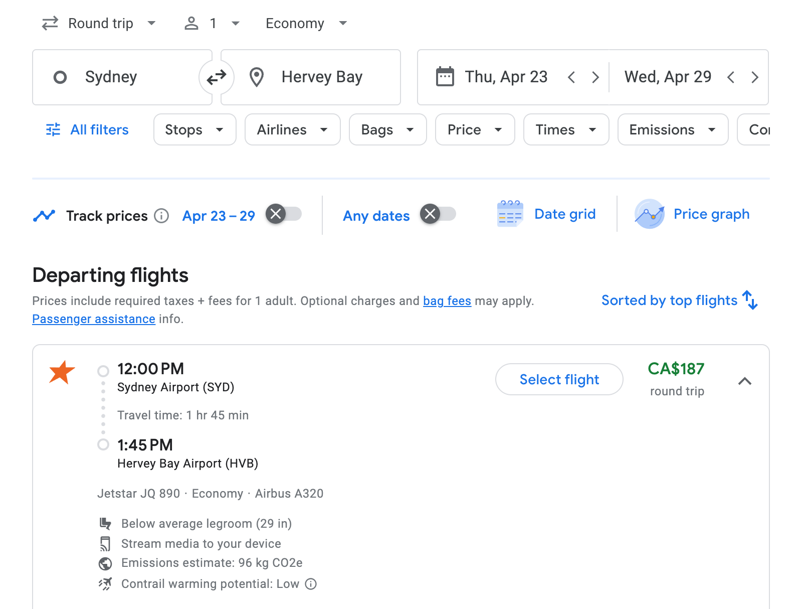 Flight options for Hervey Bay
