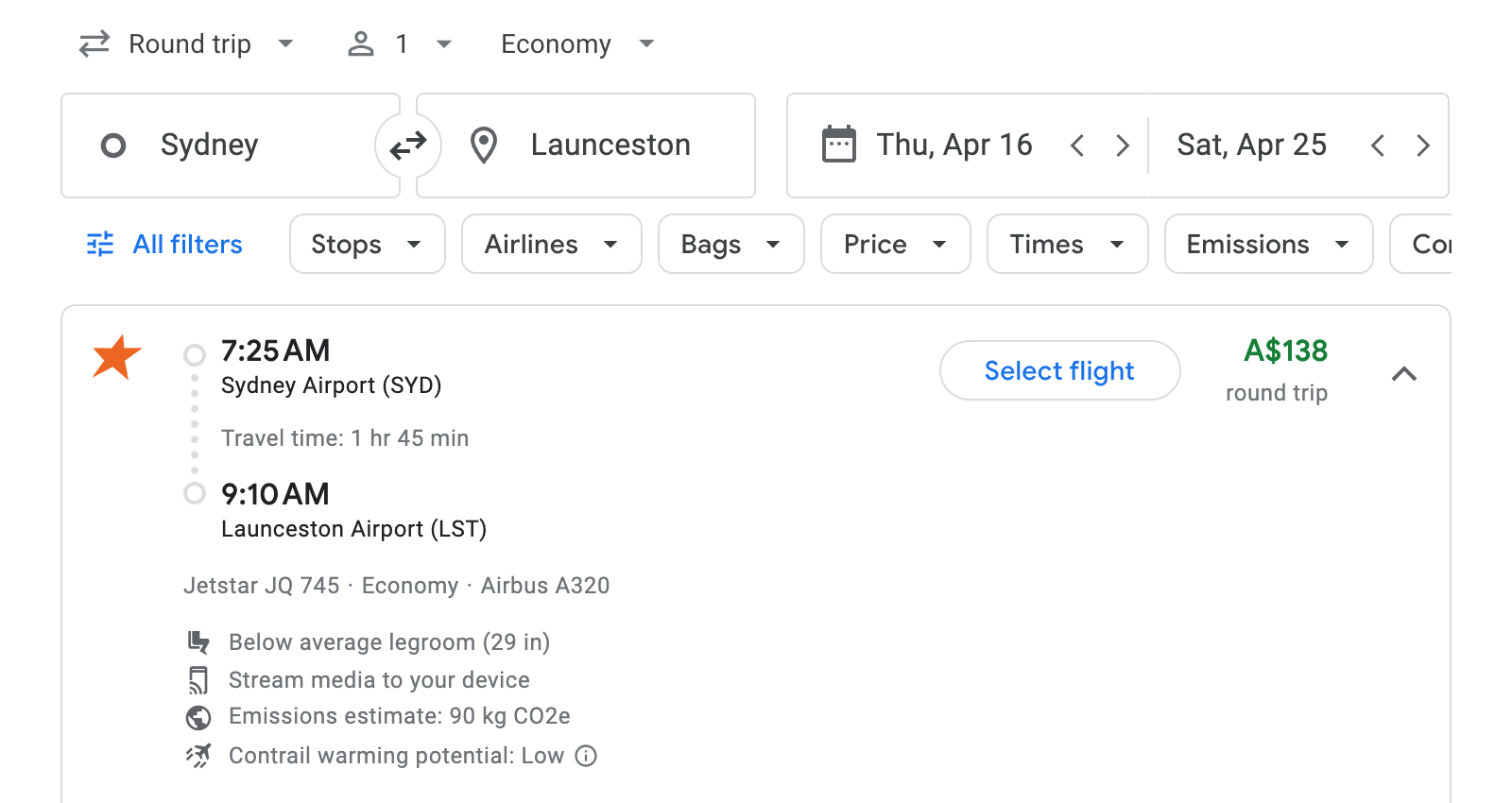 Flight options for Launceston