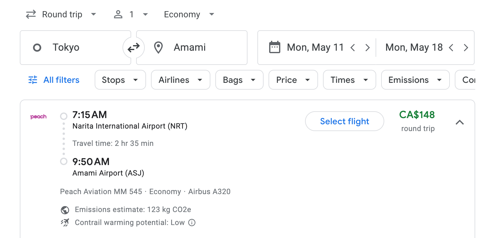 Flight options for Amami