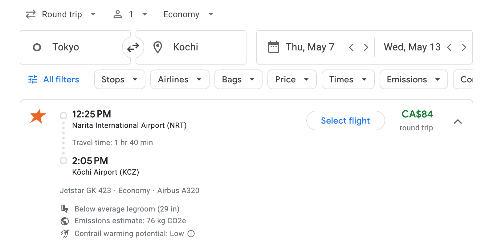 Flight options for Kochi