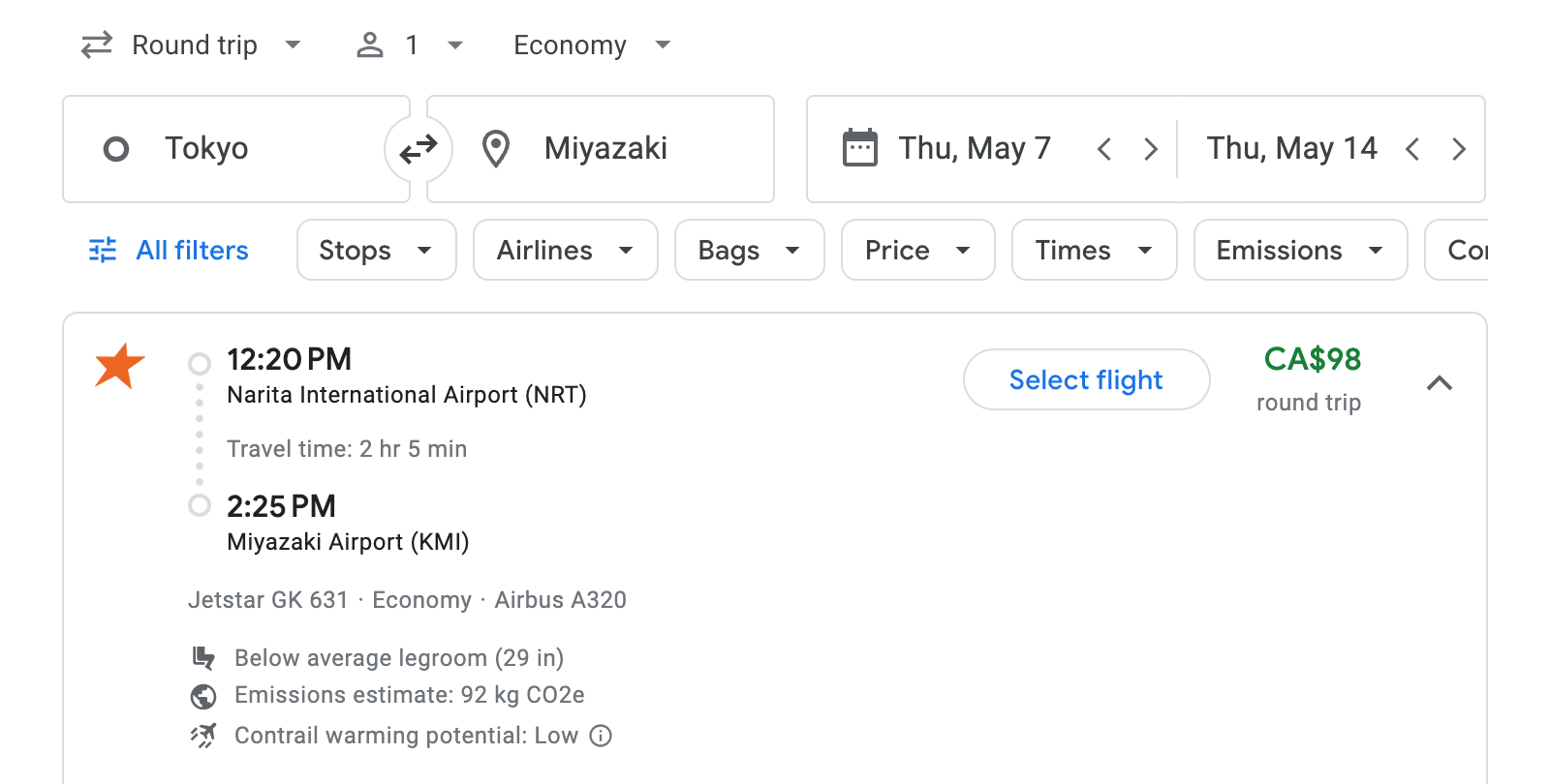 Flight options for Miyazaki