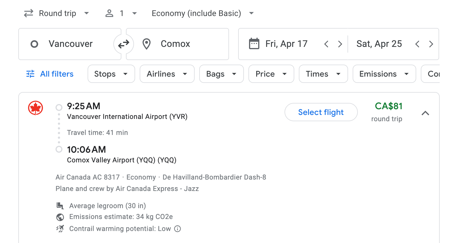Flight options for Comox
