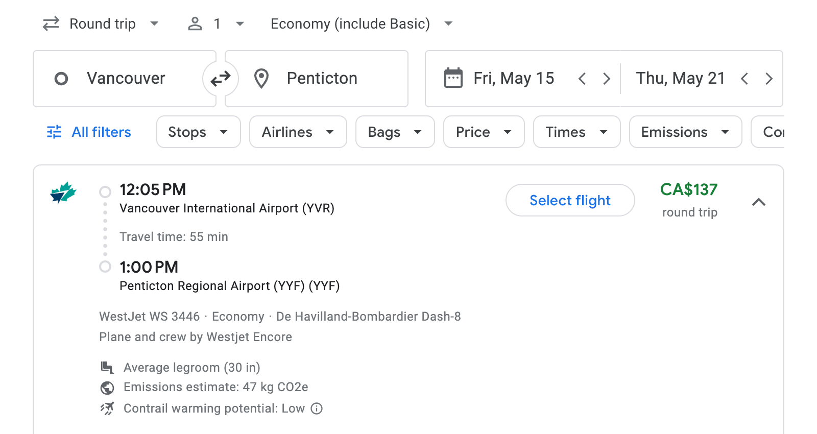 Flight options for Penticton