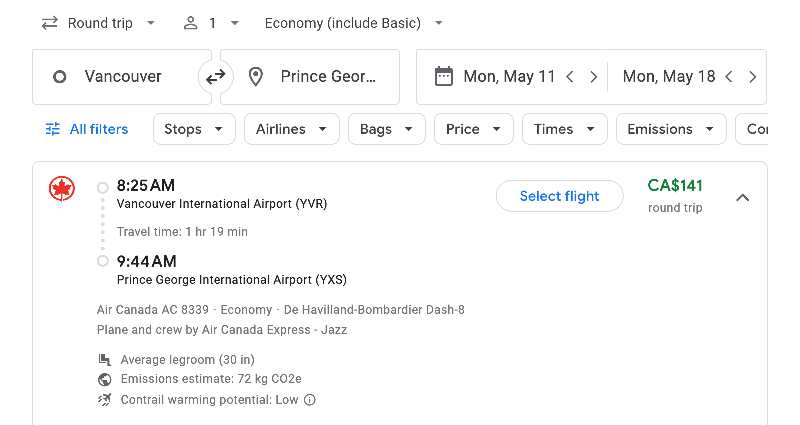 Flight options for Prince George