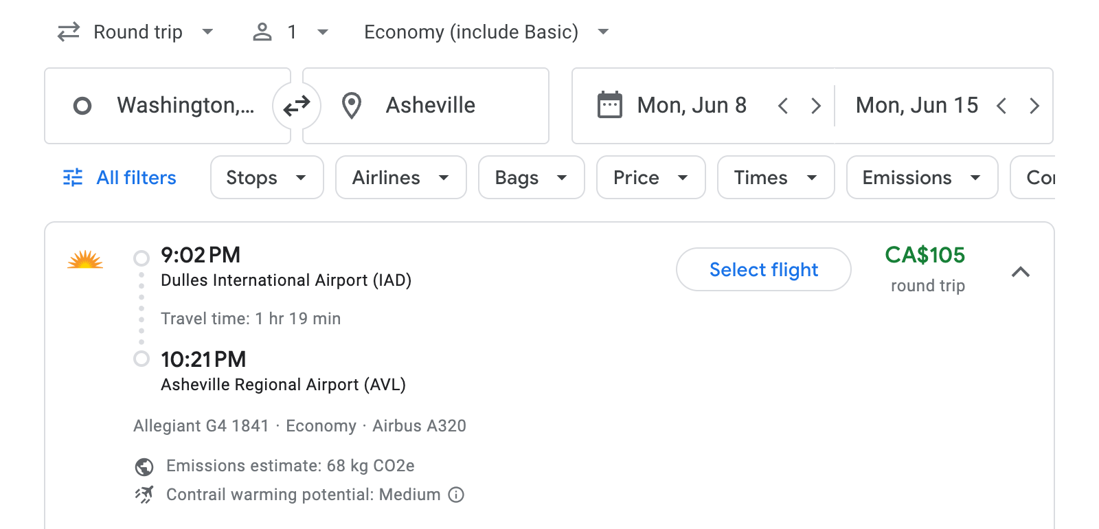 Flight options for Asheville