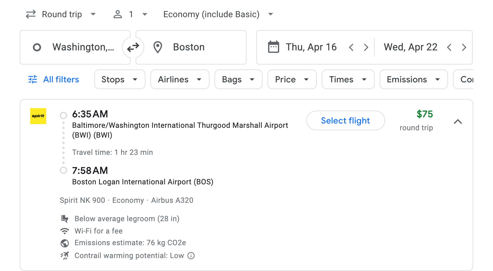 Flight options for Boston