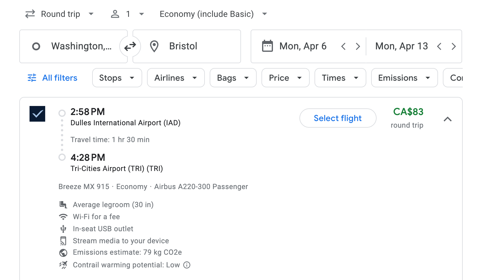 Flight options for Bristol