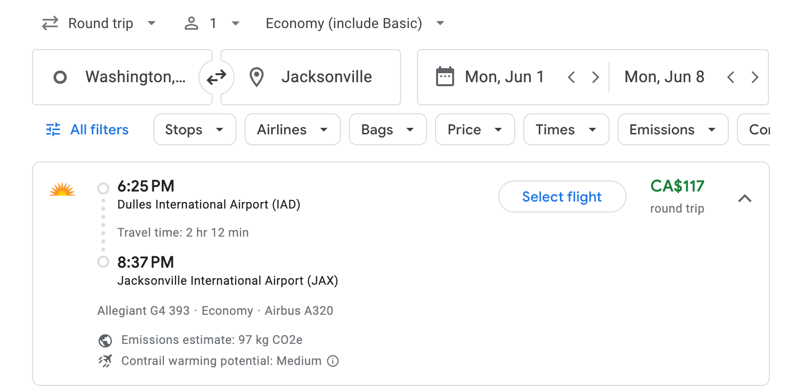 Flight options for Jacksonville