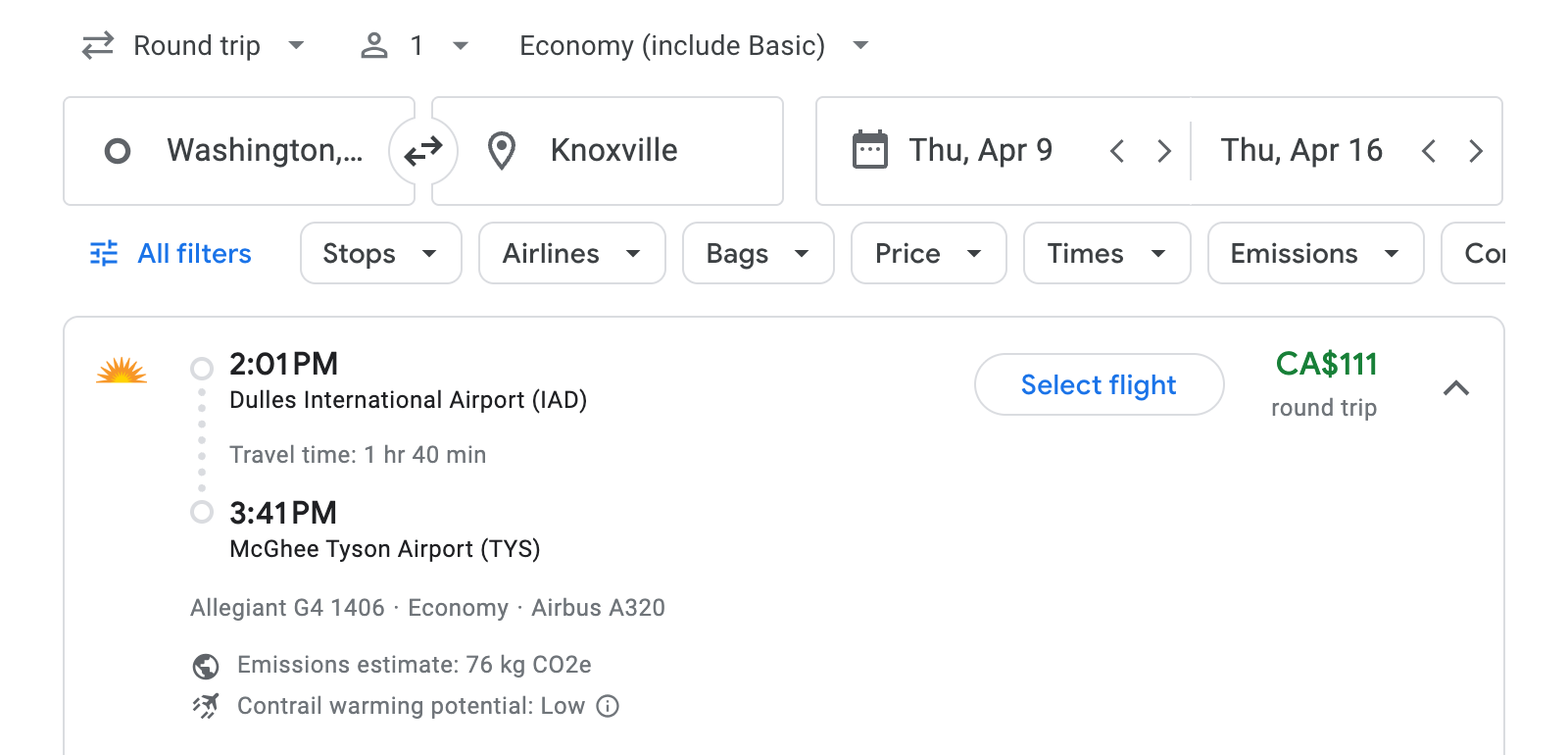 Flight options for Knoxville