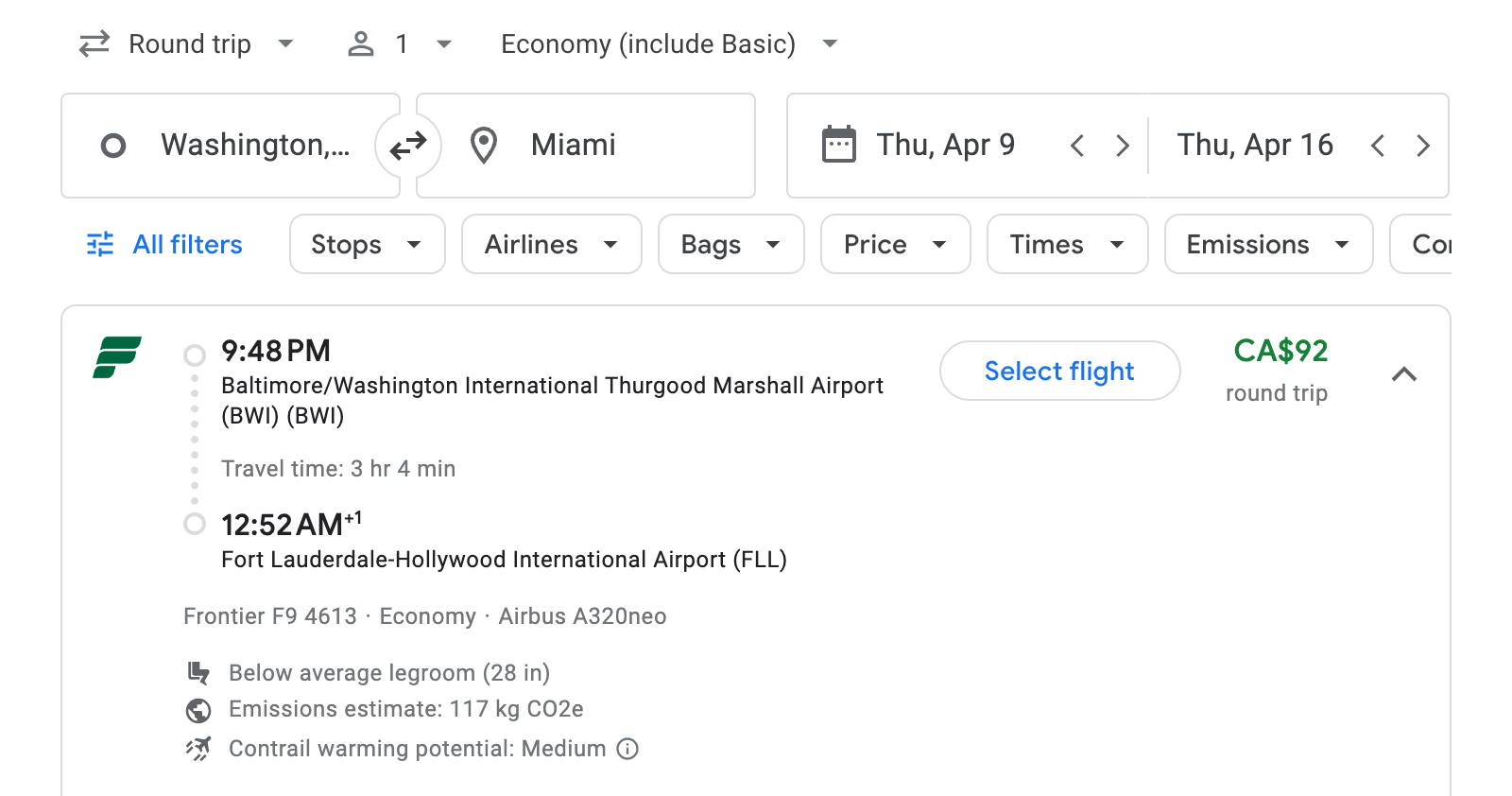 Flight options for Miami