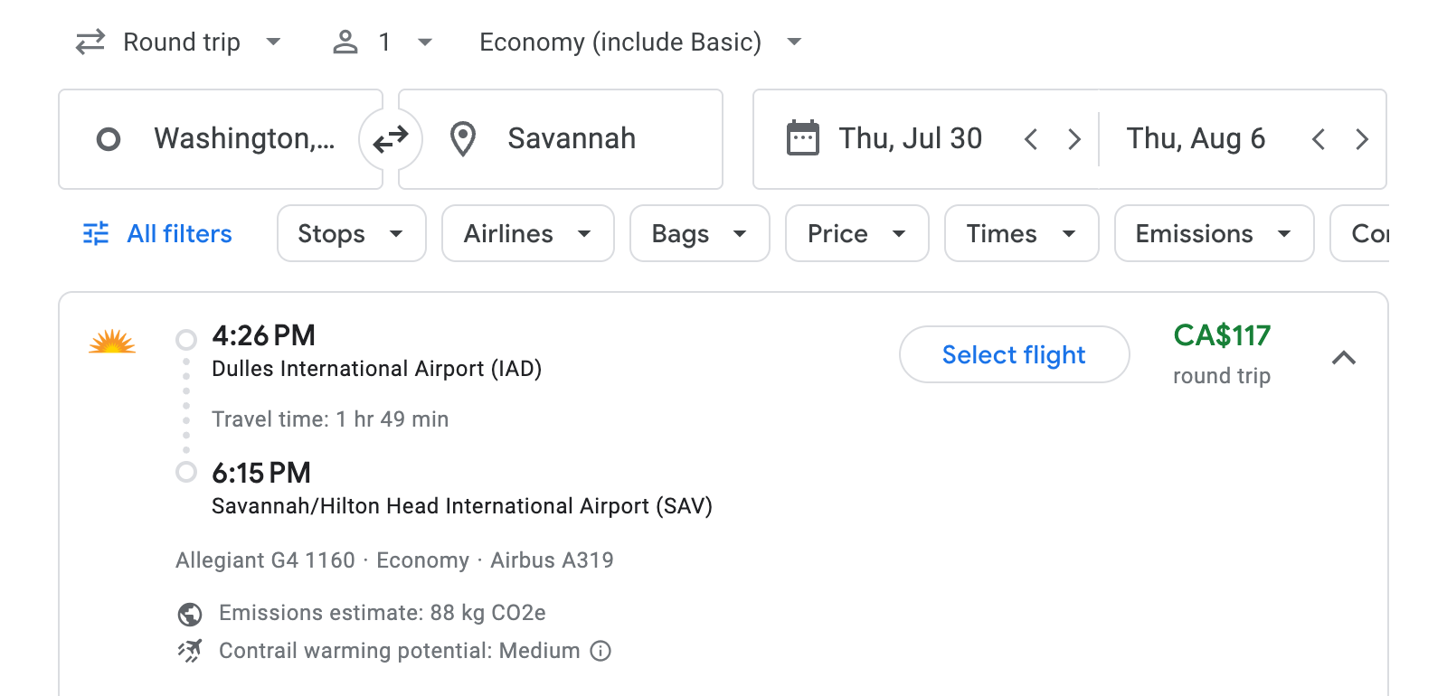 Flight options for Savannah