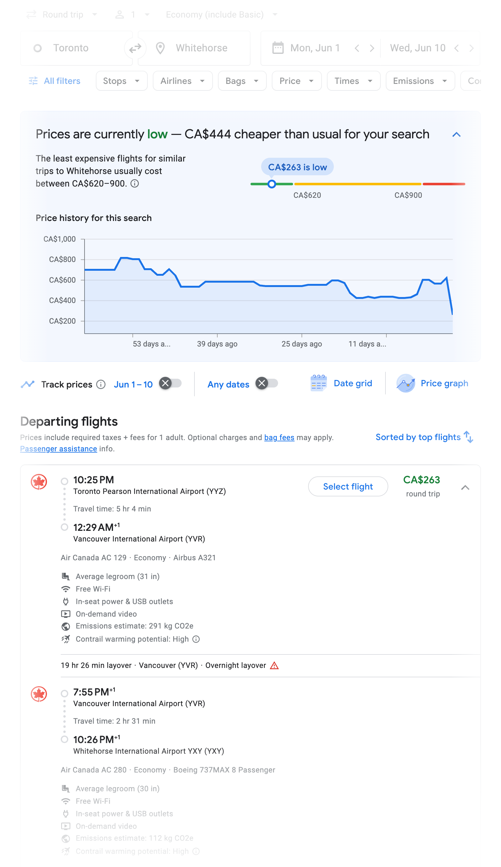 Flight options for Whitehorse