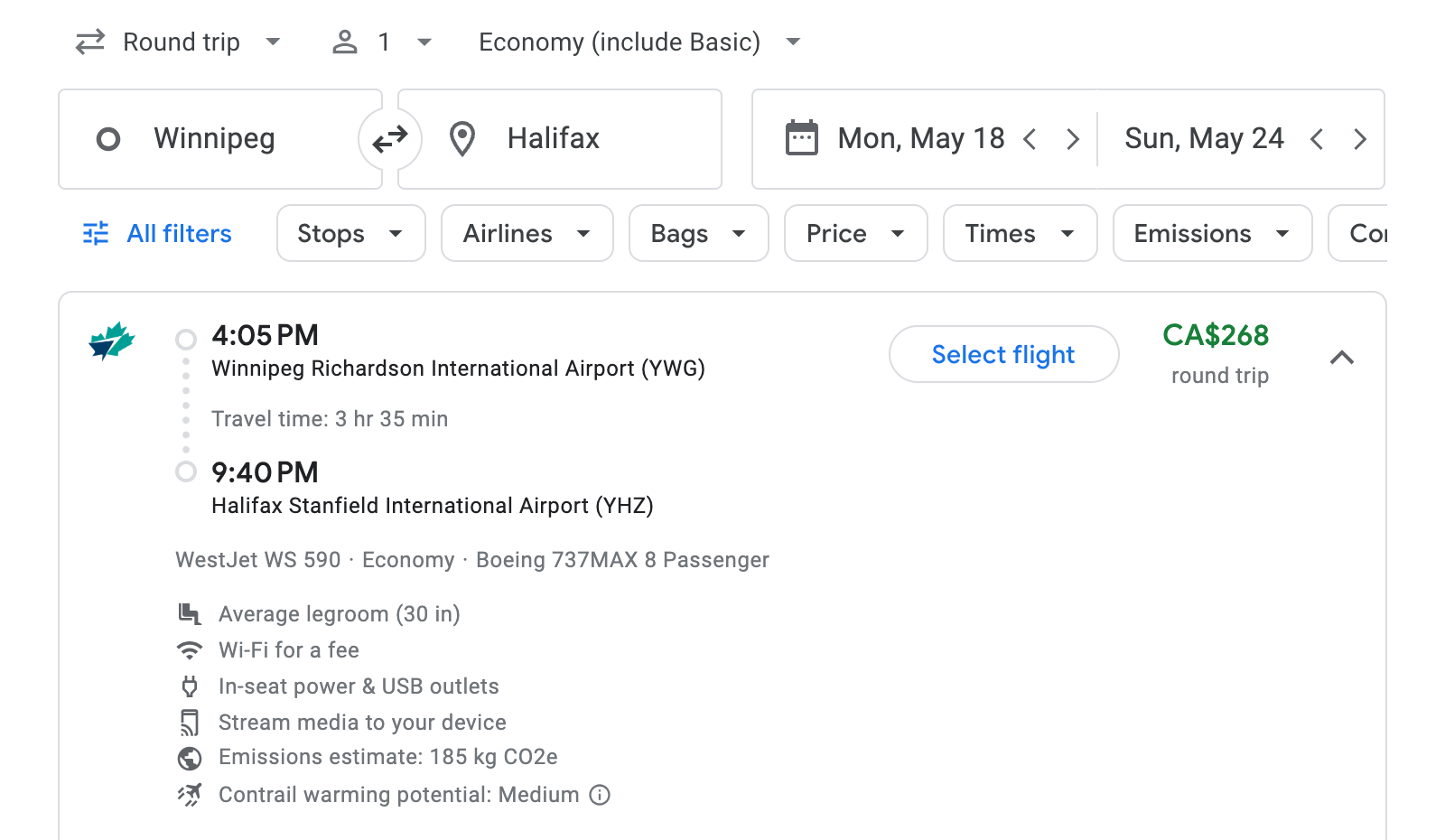 Flight options for Halifax