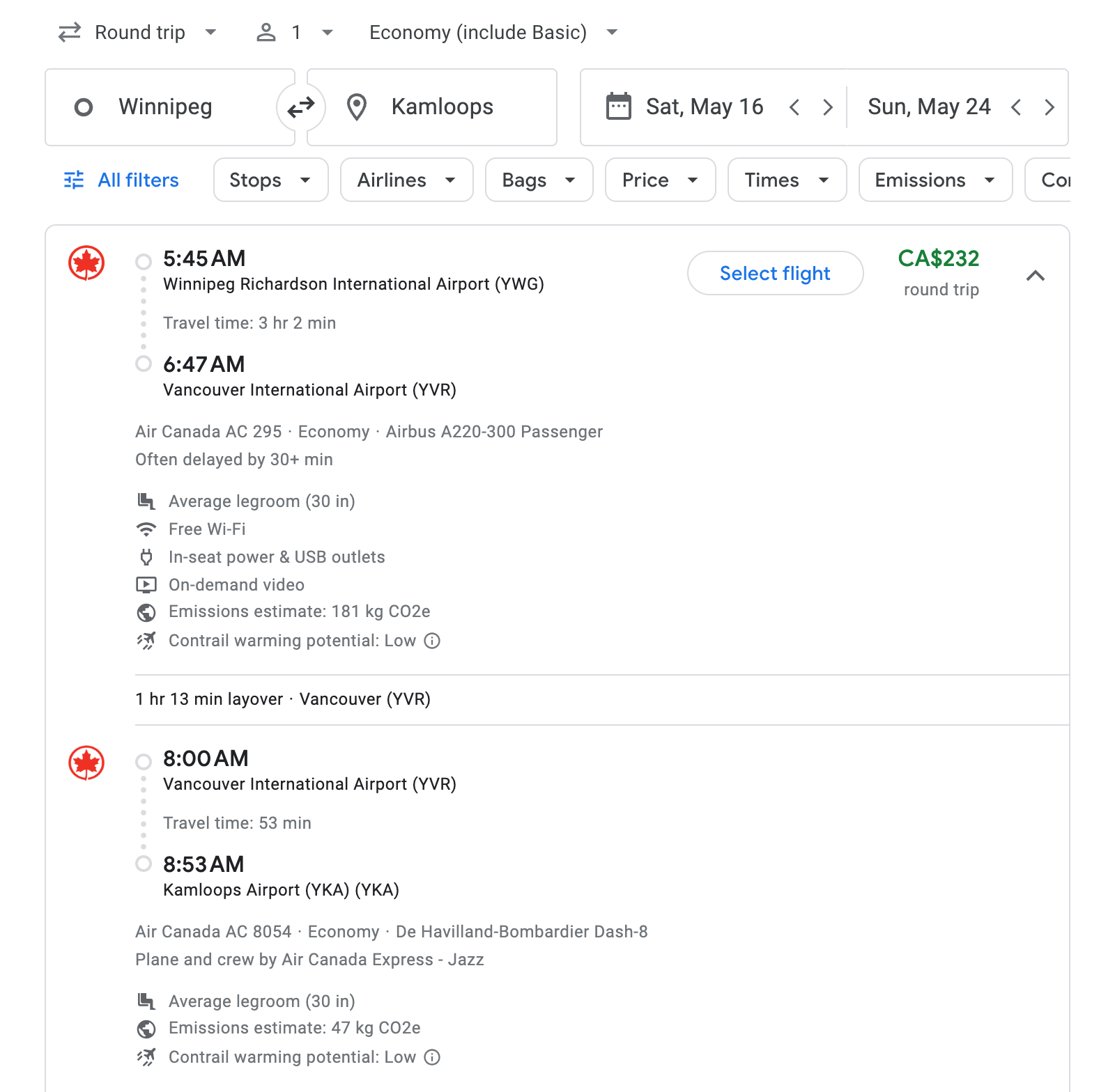 Flight options for Kamloops