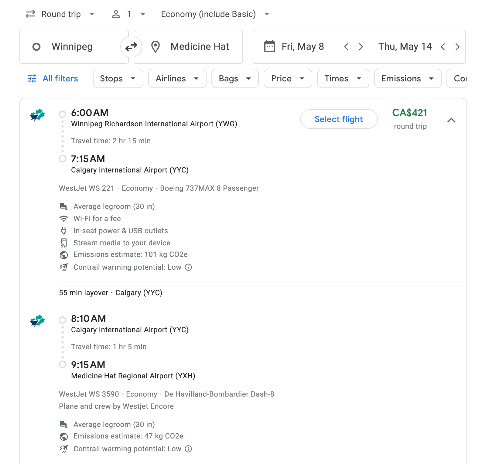 Flight options for Medicine Hat