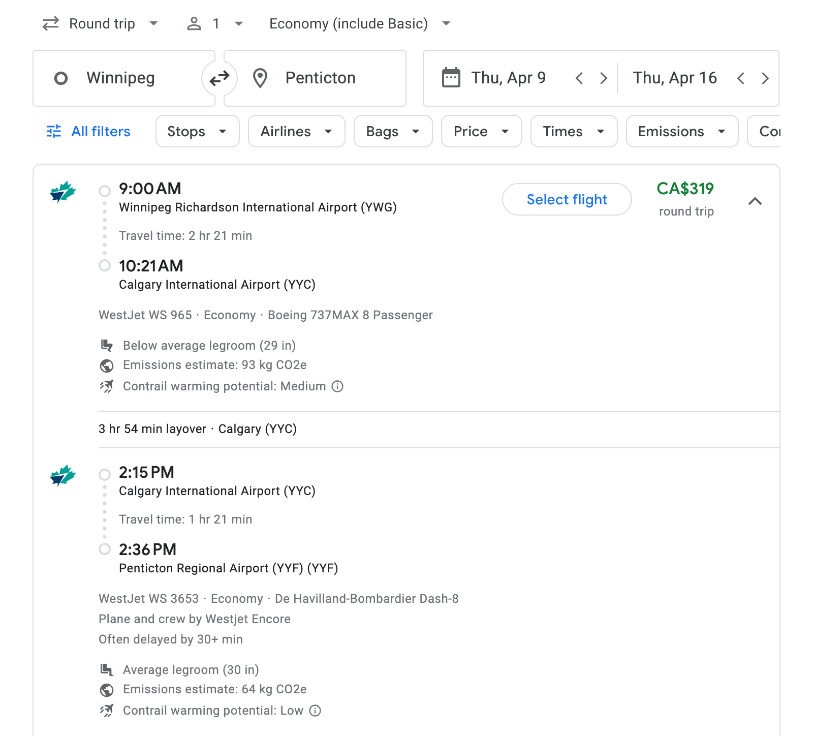 Flight options for Penticton