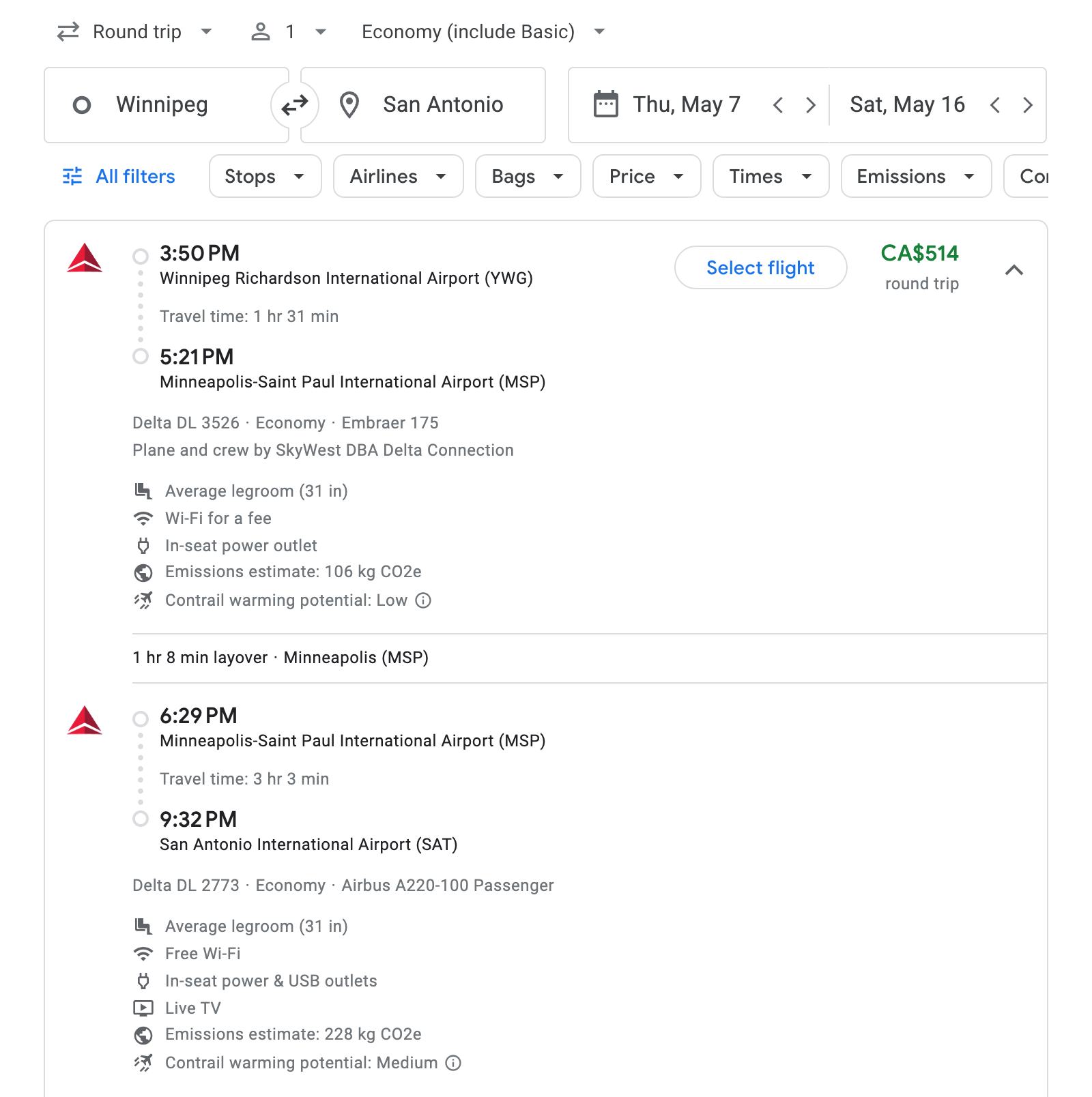 Flight options for San Antonio