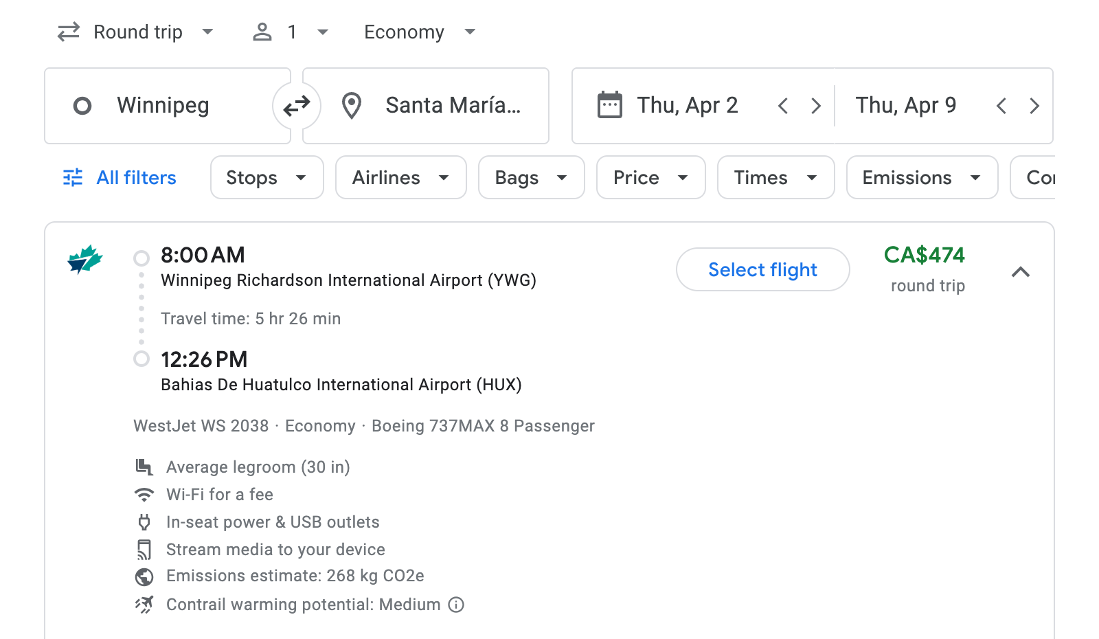 Flight options for Santa María Huatulco