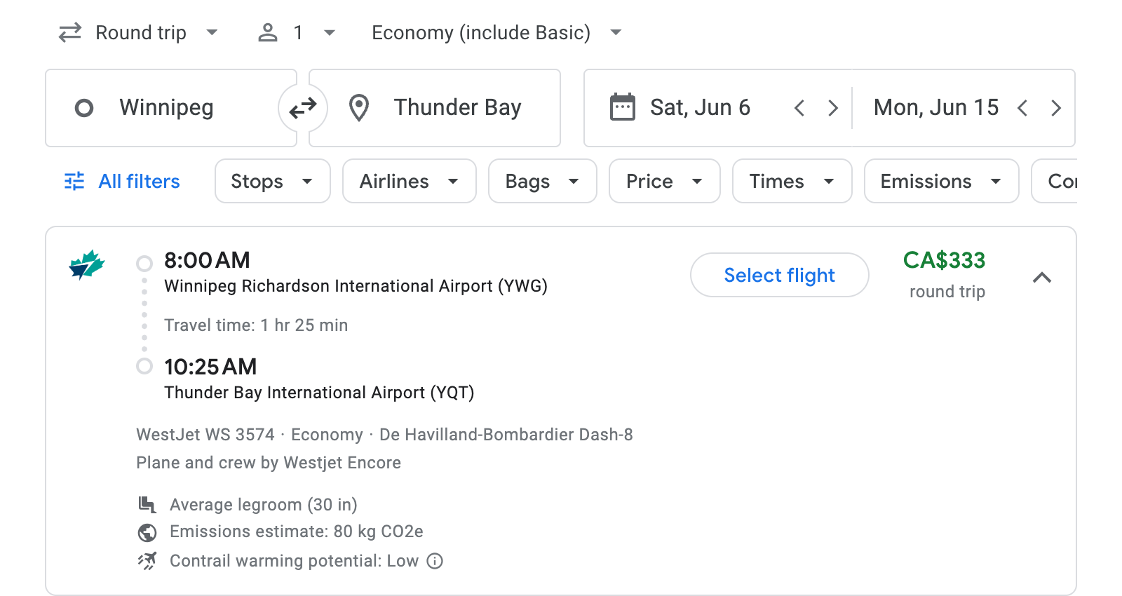 Flight options for Thunder Bay